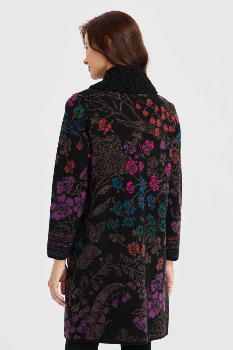 Desen Triko Kadın Dik Yaka Sarmaşık Çiçekli Uzun Yün Kaban 30189 Siyah - 5