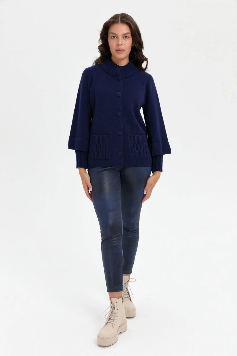 Desen Triko Kadın Dik Yaka Truvakar Kol Kısa Yün Ceket 24046 Y.A. Lacivert - 2