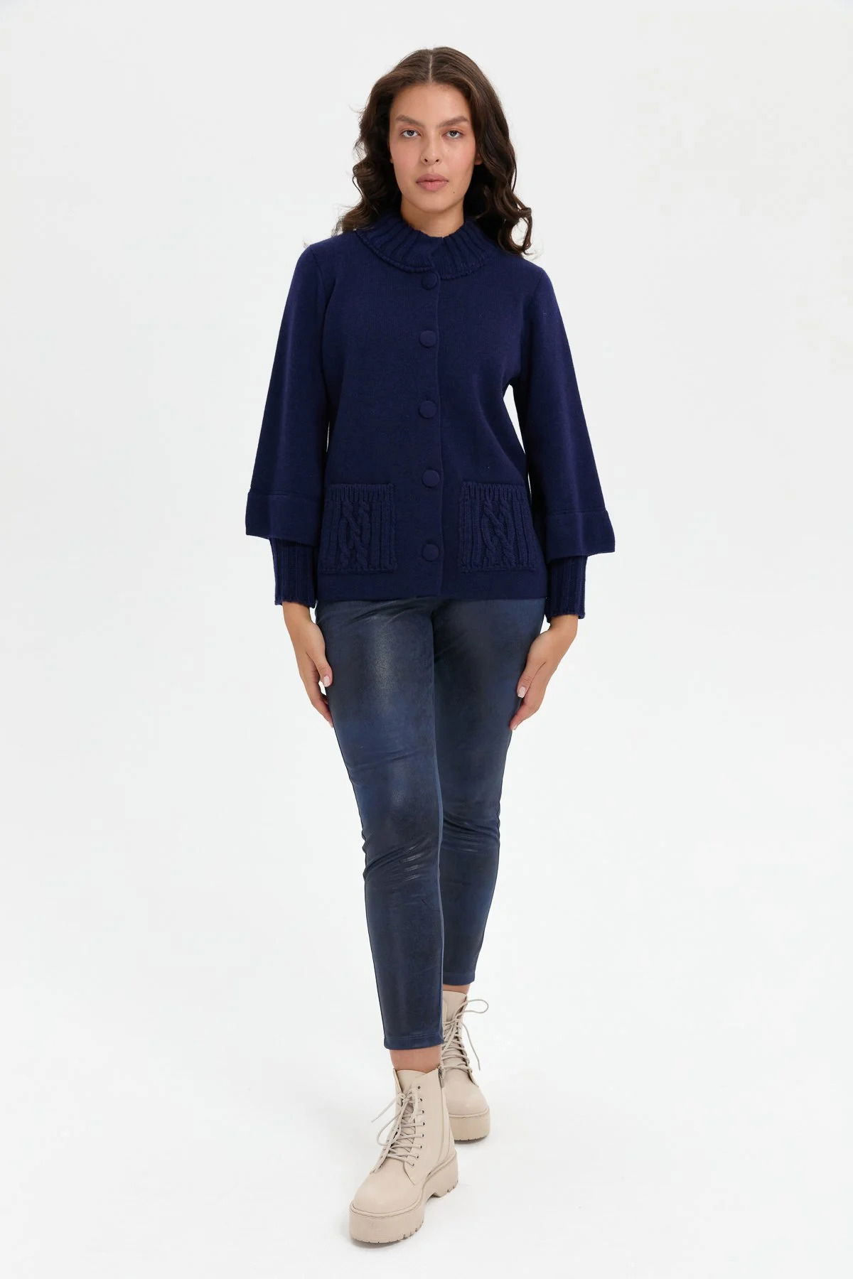 Desen Triko Kadın Dik Yaka Truvakar Kol Kısa Yün Ceket 24046 Y.A. Lacivert - 2