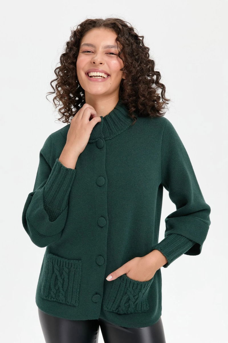 Desen Triko Kadın Dik Yaka Truvakar Kol Kısa Yün Ceket 24046 Yeşil - Desen Triko
