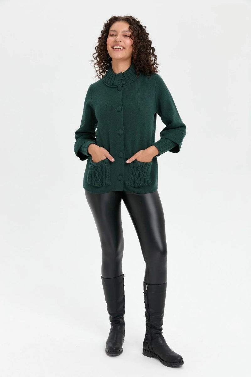 Desen Triko Kadın Dik Yaka Truvakar Kol Kısa Yün Ceket 24046 Yeşil - 2