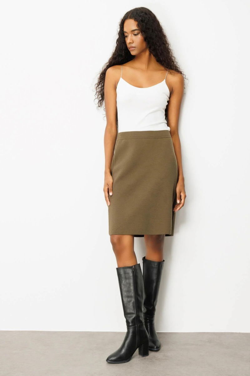 Desen Triko Kadın Düz Basic Etek 25066 Haki - Desen Triko