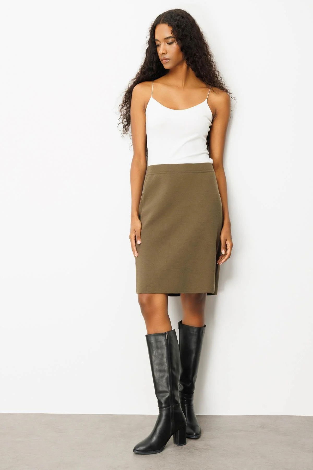 Desen Triko Kadın Düz Basic Etek 25066 Haki - 1