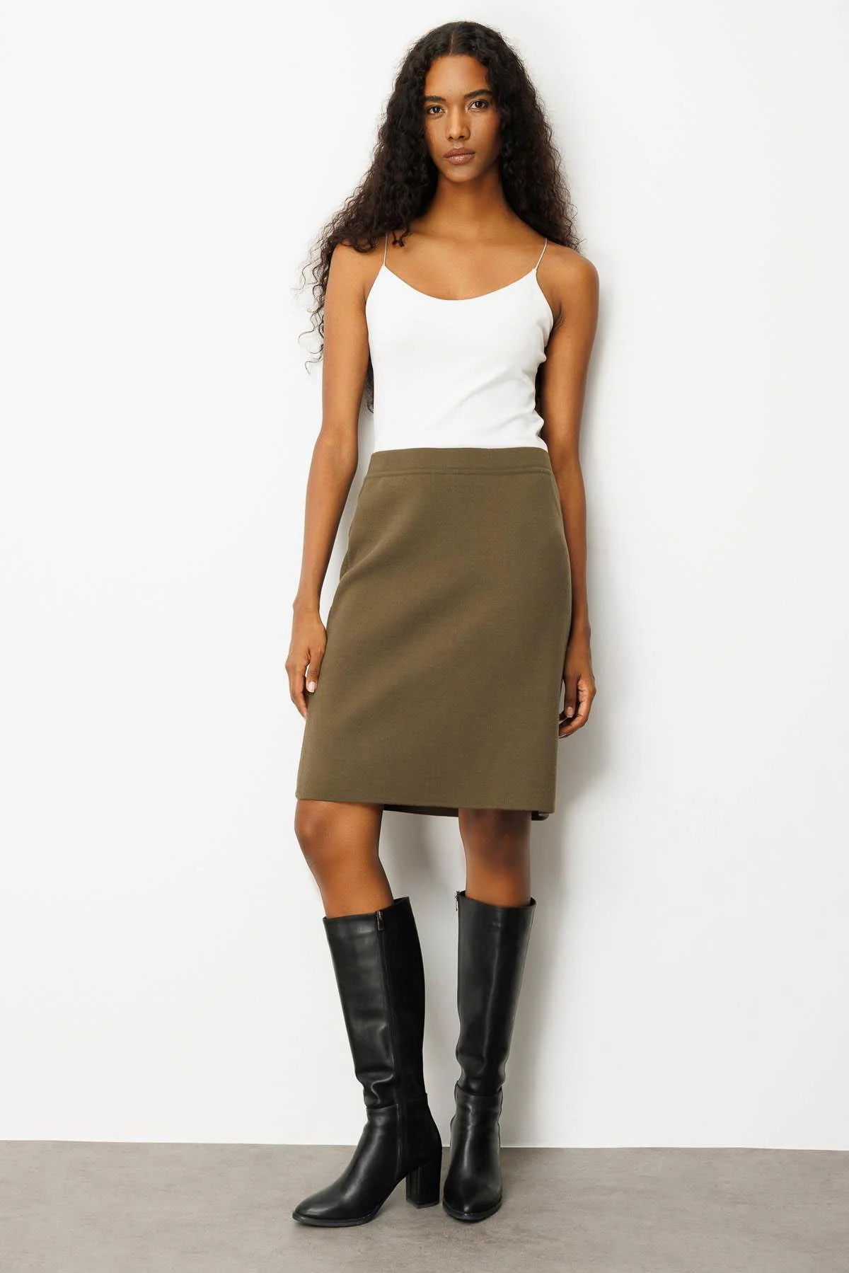 Desen Triko Kadın Düz Basic Etek 25066 Haki - 2