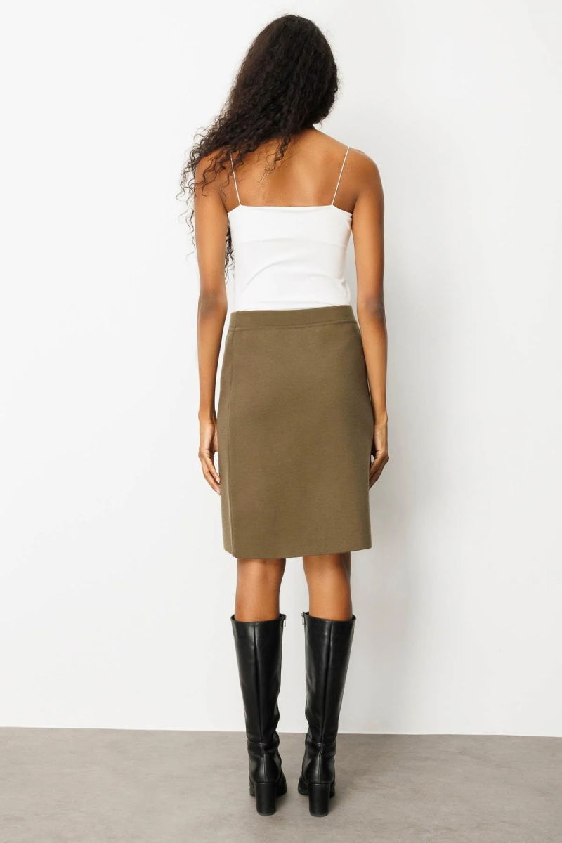 Desen Triko Kadın Düz Basic Etek 25066 Haki - 4