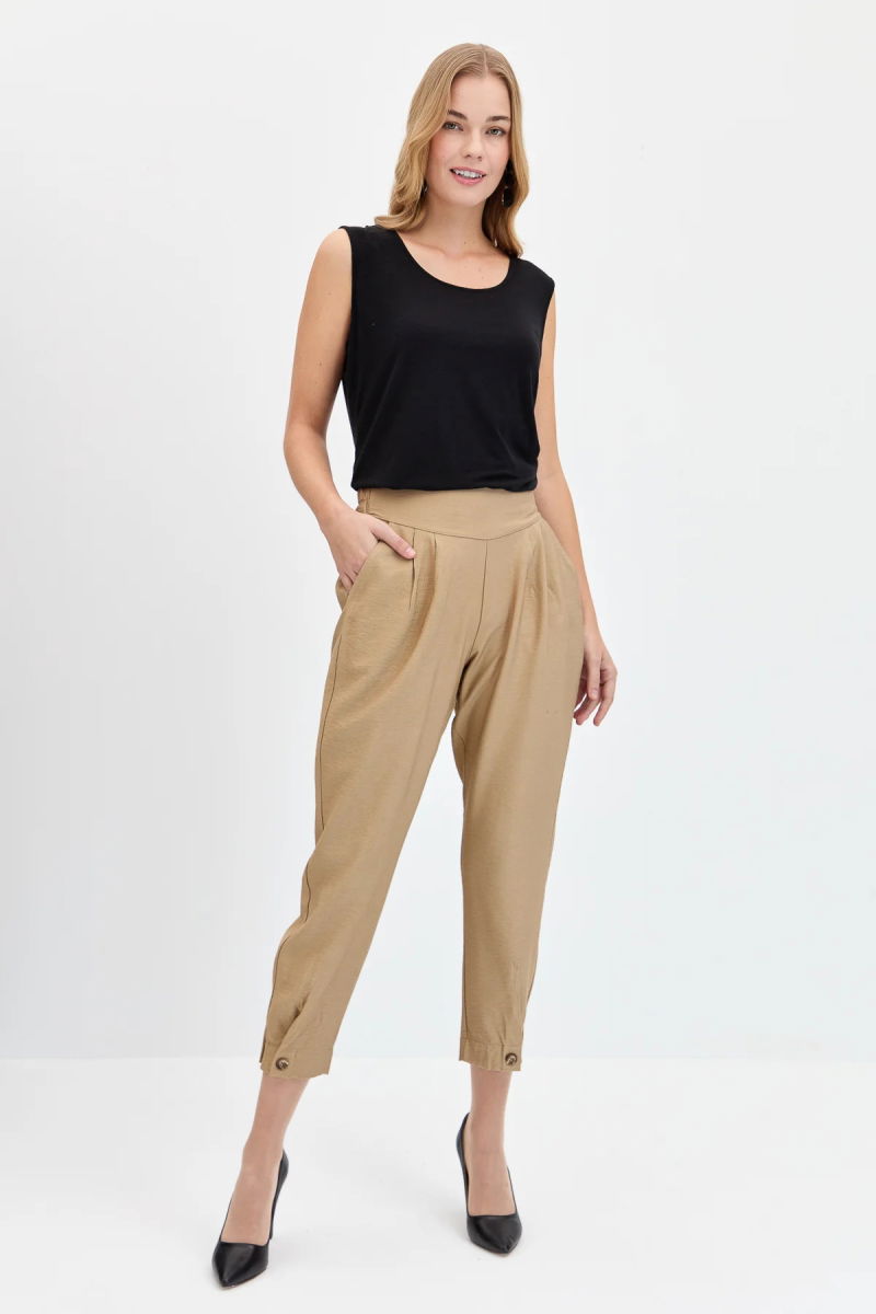 Desen Triko Kadın Geniş Kemerli Paçası Düğmeli Keten Pantolon KMYPT01 Camel - 1