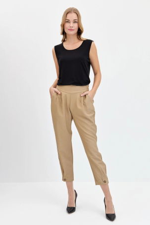 Desen Triko Kadın Geniş Kemerli Paçası Düğmeli Keten Pantolon KMYPT01 Camel - 2