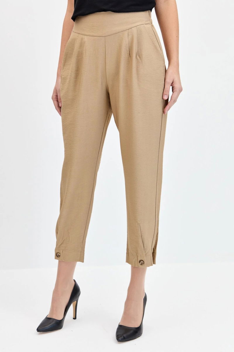 Desen Triko Kadın Geniş Kemerli Paçası Düğmeli Keten Pantolon KMYPT01 Camel - 3