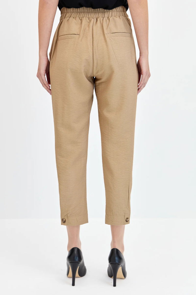 Desen Triko Kadın Geniş Kemerli Paçası Düğmeli Keten Pantolon KMYPT01 Camel - 4