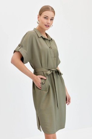 Desen Triko Kadın Gömlek Yaka Yakası ve Cebi Düğmeli Elbise KMY24078 Haki - 3