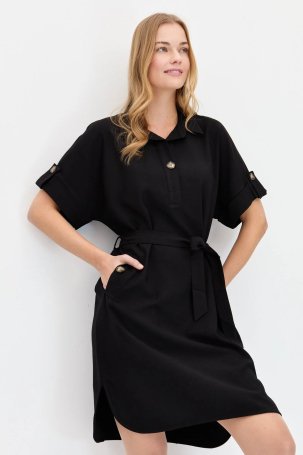 Desen Triko Kadın Gömlek Yaka Yakası ve Cebi Düğmeli Elbise KMY24078 Siyah 