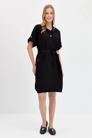 Desen Triko Kadın Gömlek Yaka Yakası ve Cebi Düğmeli Elbise KMY24078 Siyah - 2