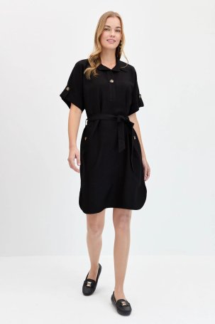 Desen Triko Kadın Gömlek Yaka Yakası ve Cebi Düğmeli Elbise KMY24078 Siyah - 3