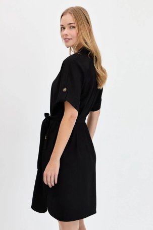 Desen Triko Kadın Gömlek Yaka Yakası ve Cebi Düğmeli Elbise KMY24078 Siyah - 4