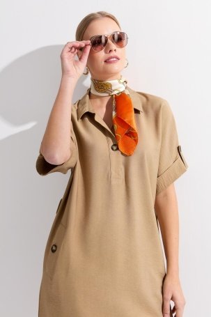 Desen Triko Kadın Gömlek Yaka Yakası ve Cebi Düğmeli Elbise KMY24078 Vizon 