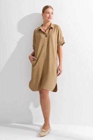 Desen Triko Kadın Gömlek Yaka Yakası ve Cebi Düğmeli Elbise KMY24078 Vizon - 3