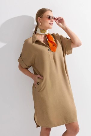 Desen Triko Kadın Gömlek Yaka Yakası ve Cebi Düğmeli Elbise KMY24078 Vizon - 4