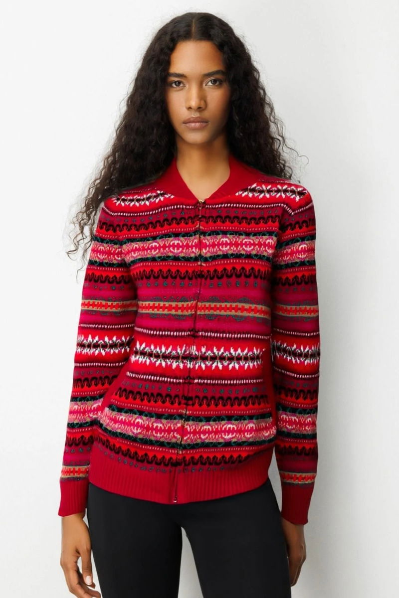 Desen Triko Kadın Hakim Yaka Jakarlı Yün Hırka 25102 K.Kırmızı - Desen Triko