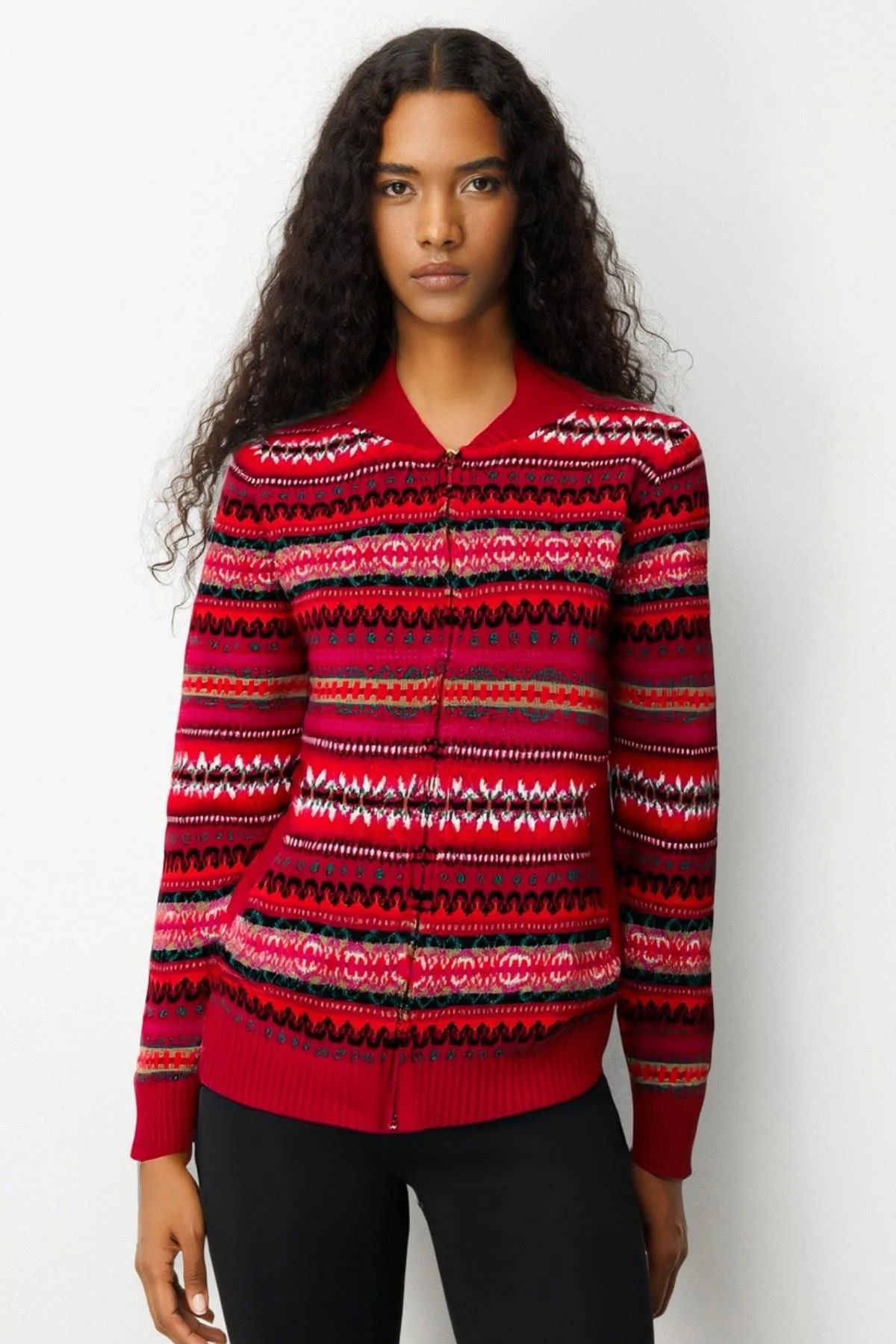 Desen Triko Kadın Hakim Yaka Jakarlı Yün Hırka 25102 K.Kırmızı - 1