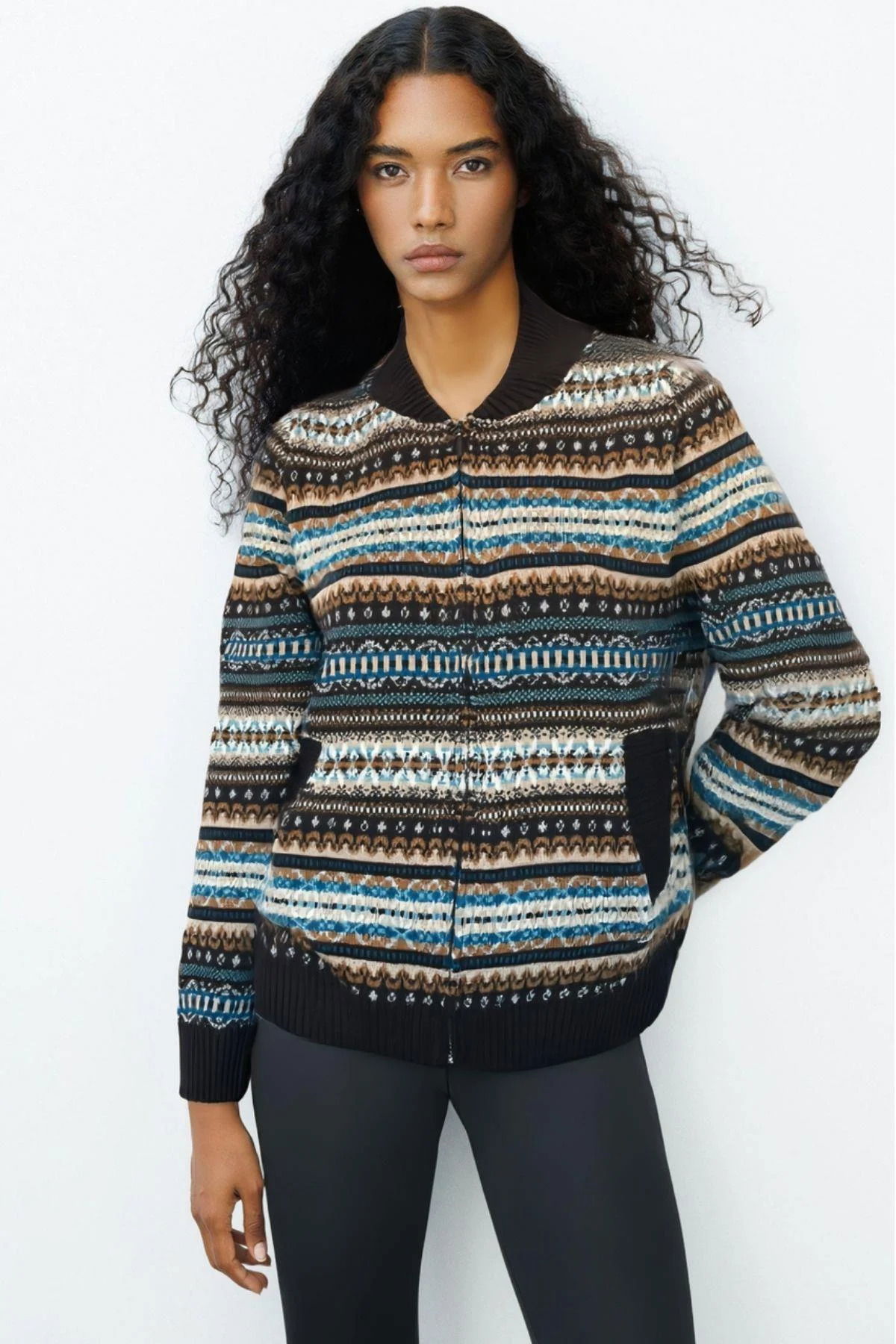 Desen Triko Kadın Hakim Yaka Jakarlı Yün Hırka 25102 Koyu Kahve - 1