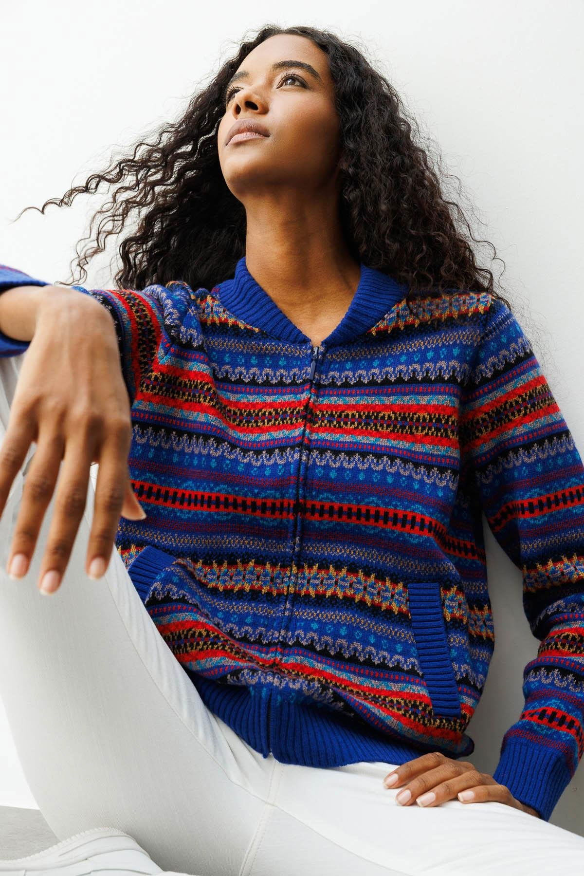 Desen Triko Kadın Hakim Yaka Jakarlı Yün Hırka 25102 K.S. Mavi - 1