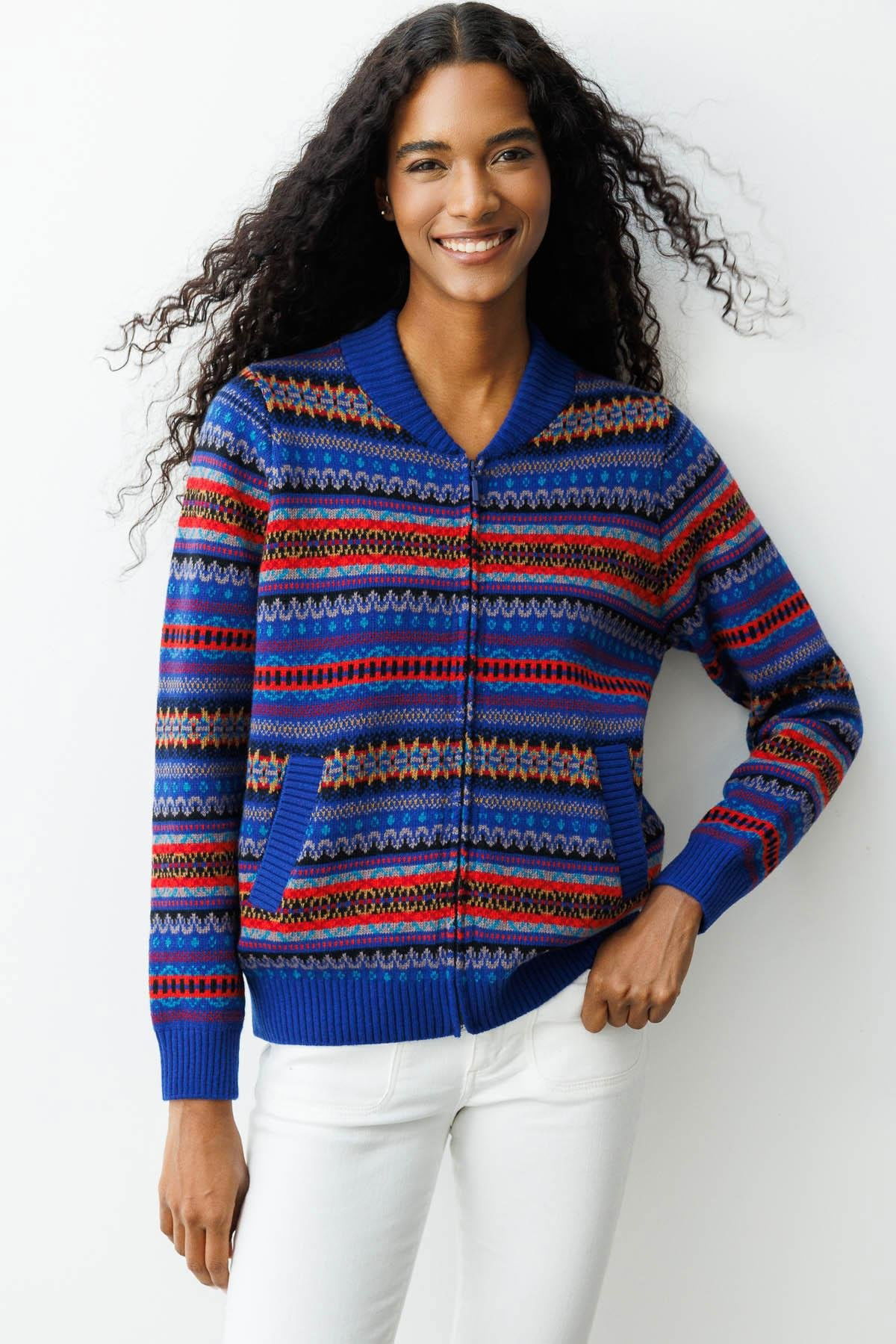 Desen Triko Kadın Hakim Yaka Jakarlı Yün Hırka 25102 K.S. Mavi - 2