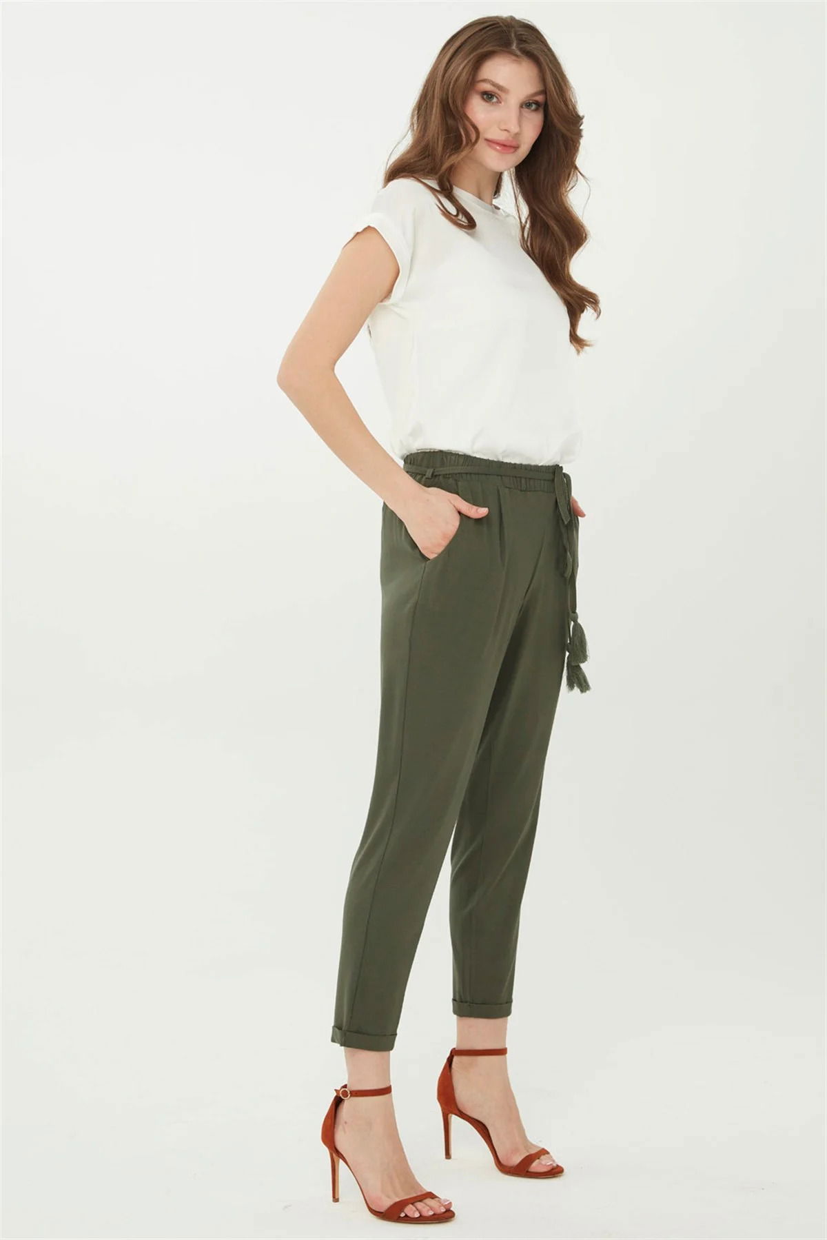 Desen Triko Kadın Havuç Paça Penye Pantolon 22722 Haki - 2