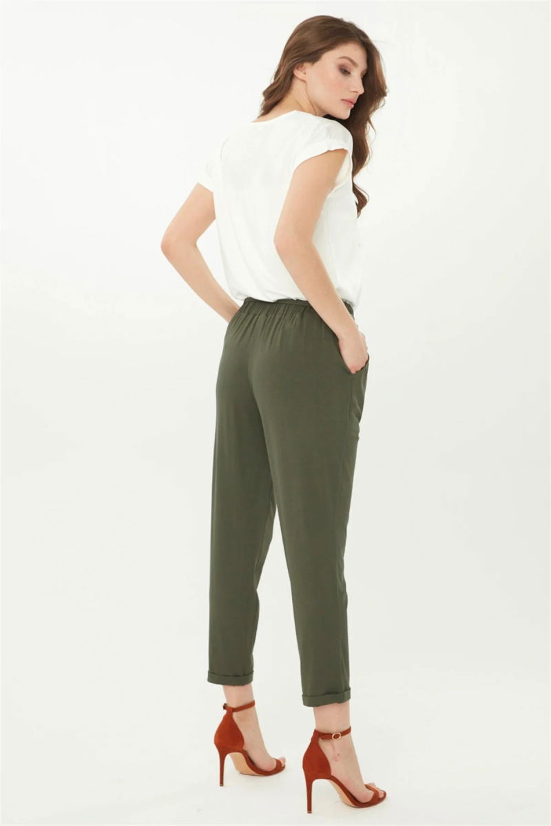 Desen Triko Kadın Havuç Paça Penye Pantolon 22722 Haki - 3