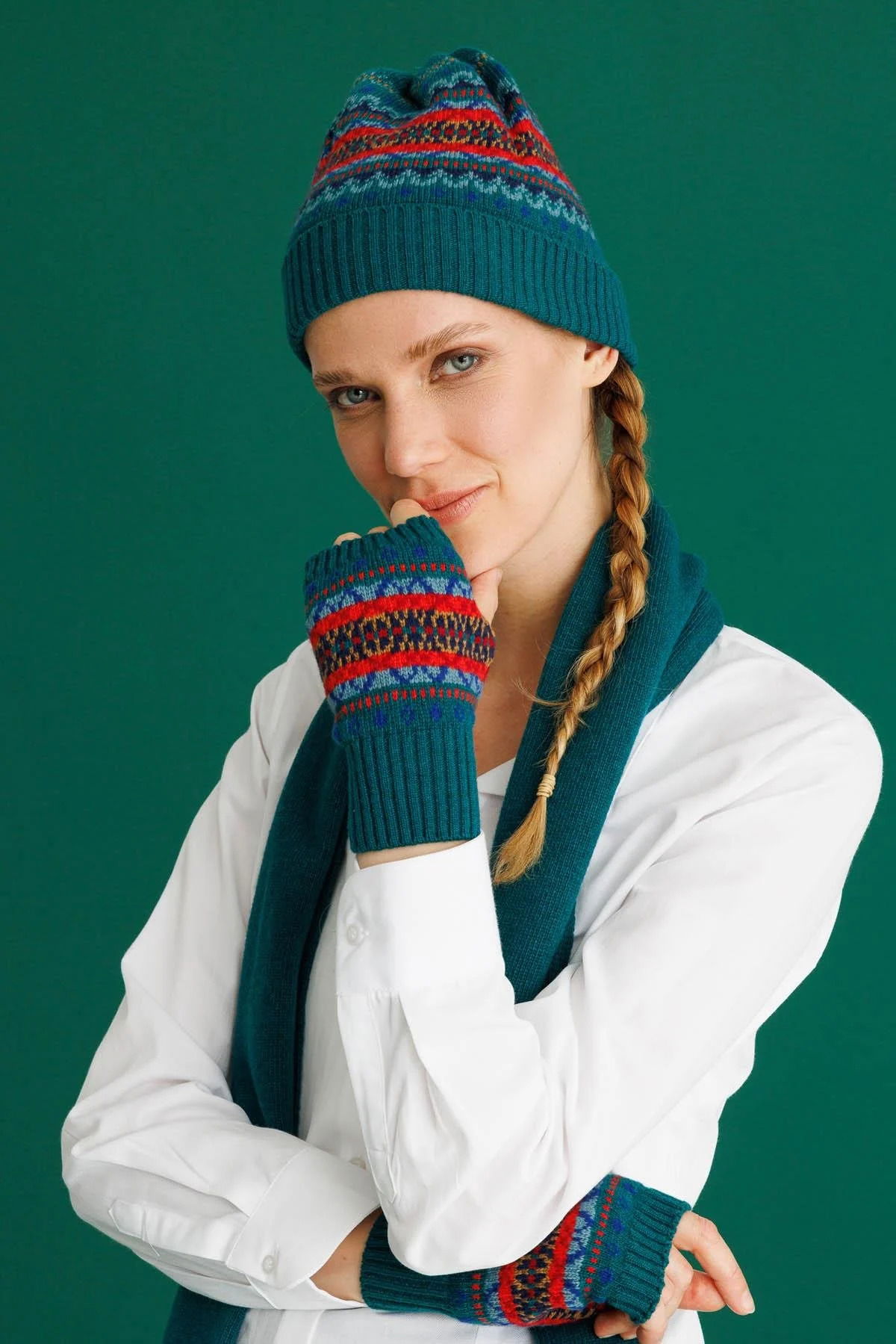 Desen Triko Kadın Jakarlı Yün Bere 25074 Ördek Yeşili - 2