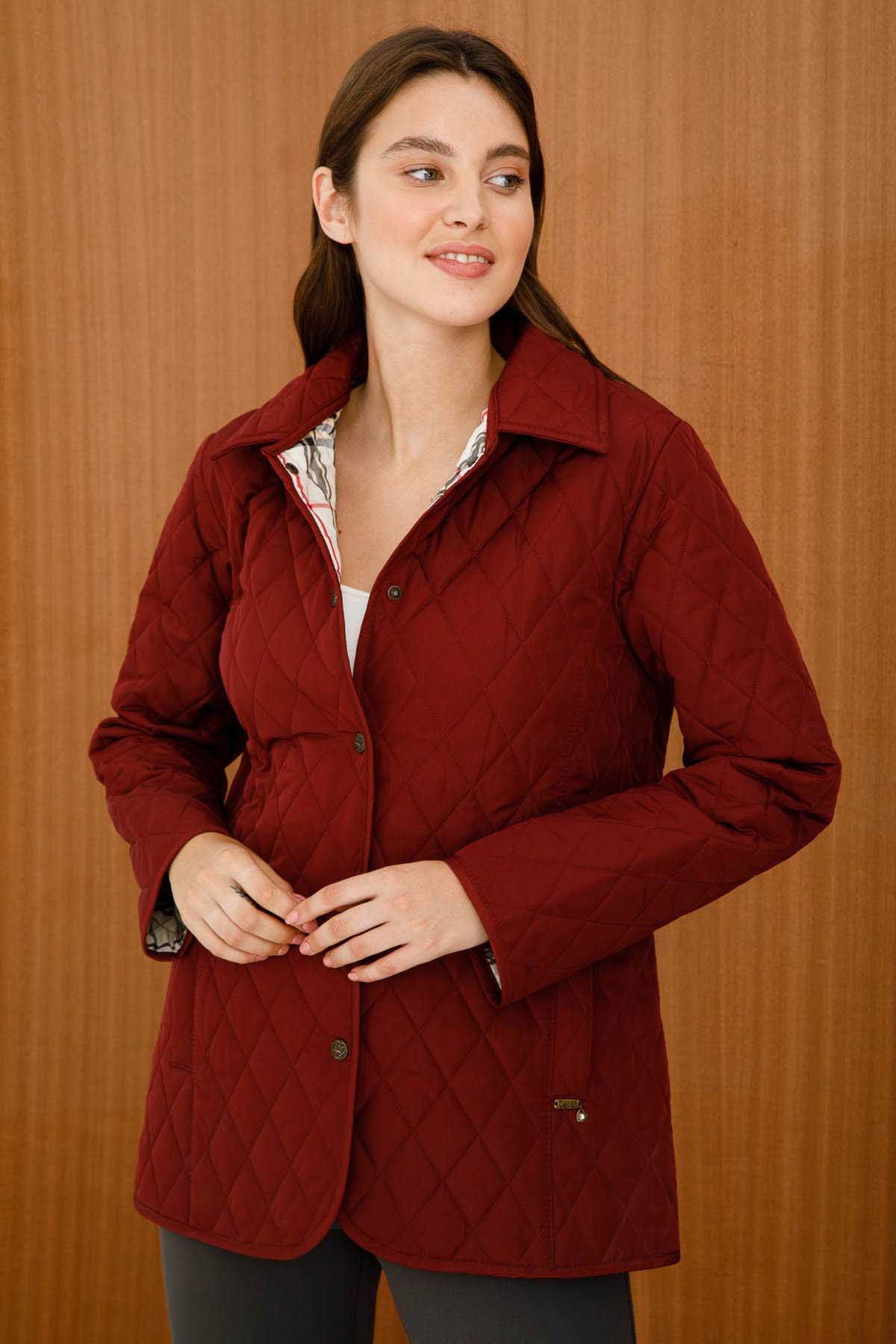 Desen Triko Kadın Kapitone Araboy Ceket 02421433 Bordo - 4