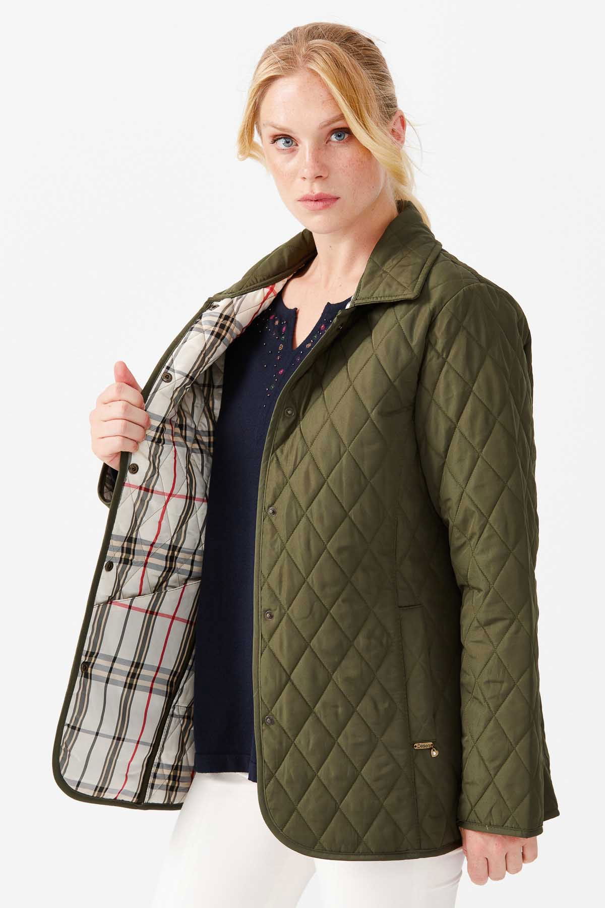 Desen Triko Kadın Kapitone Araboy Ceket 02421433 Haki - 3