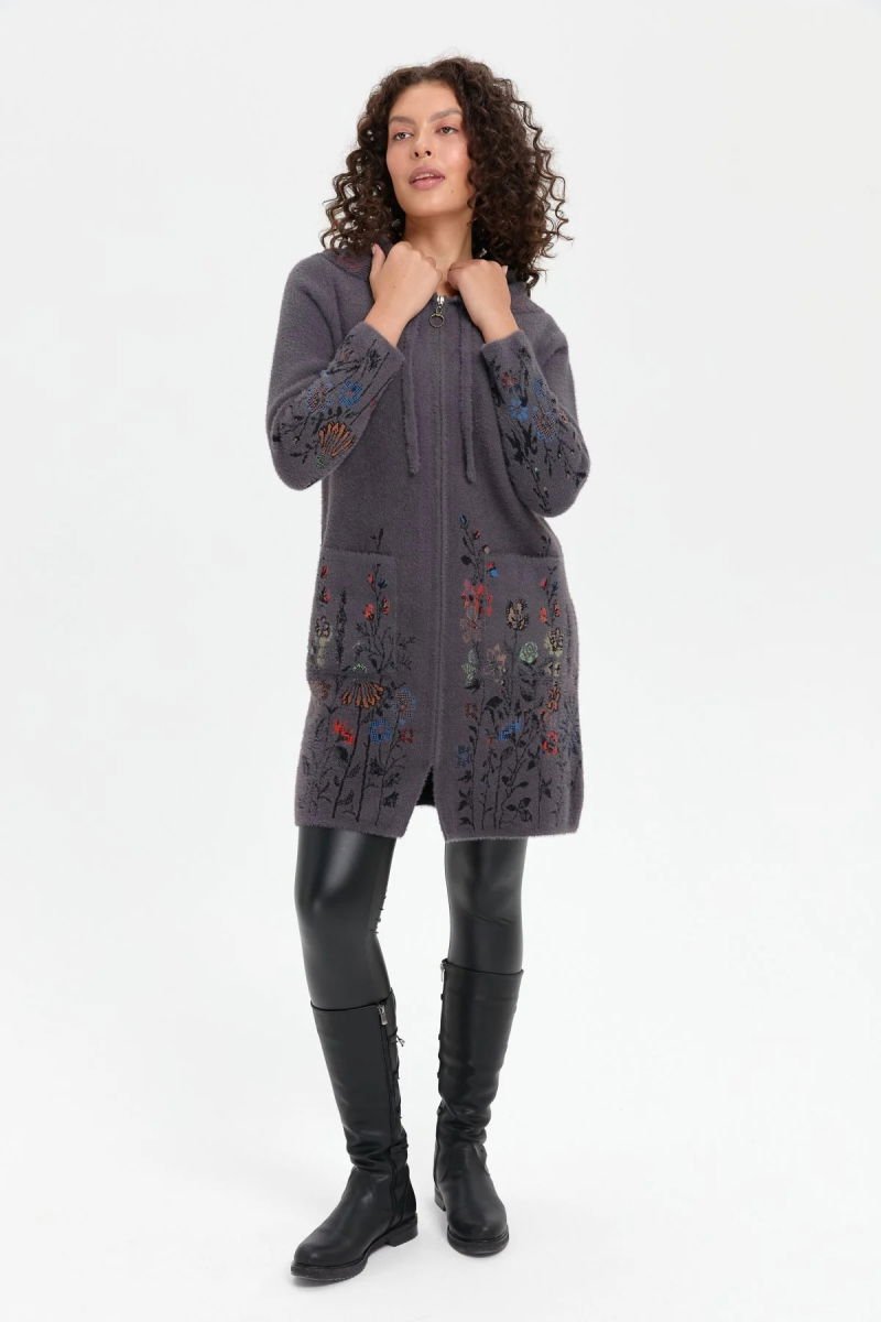 Desen Triko Kadın Kapüşonlu Eteği ve Kolu Kır Çiçeği Desenli Uzun Kaban 24007 Antrasit - Desen Triko
