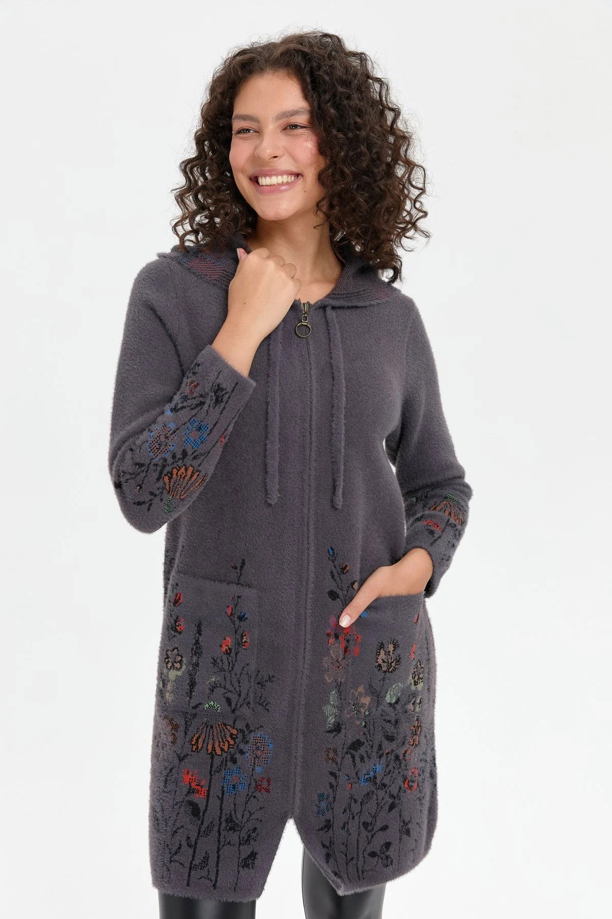 Desen Triko Kadın Kapüşonlu Eteği ve Kolu Kır Çiçeği Desenli Uzun Kaban 24007 Antrasit - 2