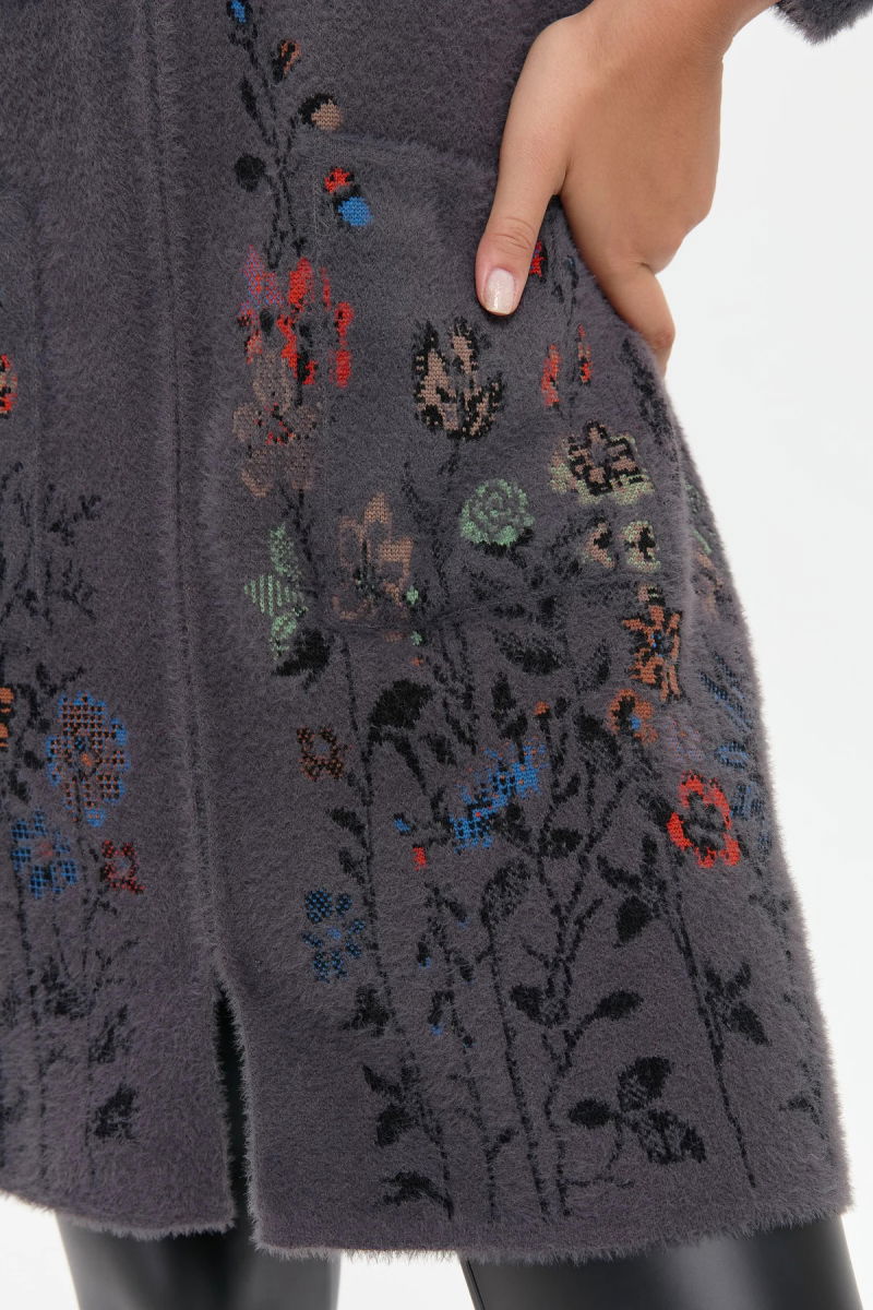 Desen Triko Kadın Kapüşonlu Eteği ve Kolu Kır Çiçeği Desenli Uzun Kaban 24007 Antrasit - 3