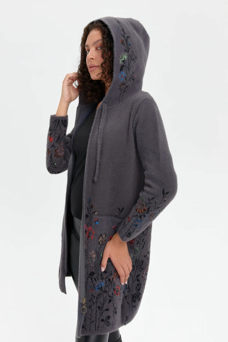 Desen Triko Kadın Kapüşonlu Eteği ve Kolu Kır Çiçeği Desenli Uzun Kaban 24007 Antrasit - 4