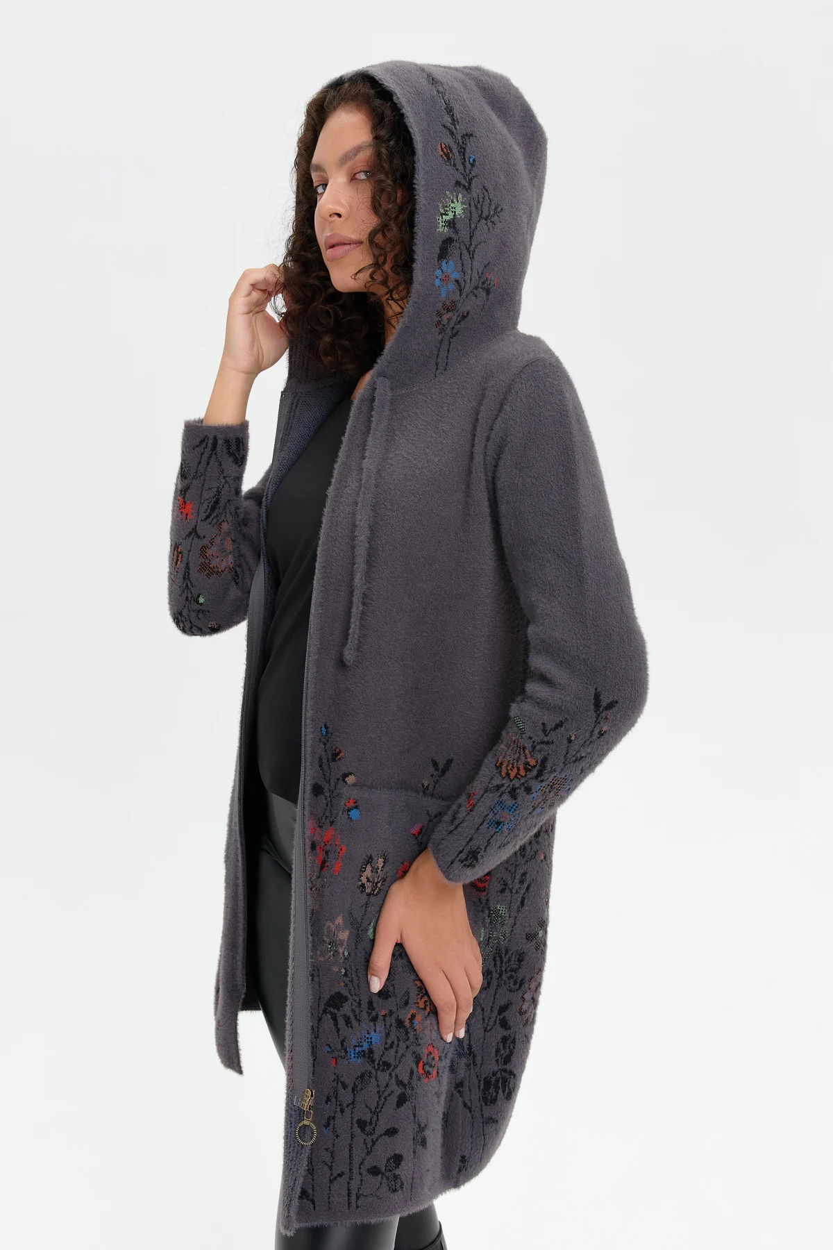 Desen Triko Kadın Kapüşonlu Eteği ve Kolu Kır Çiçeği Desenli Uzun Kaban 24007 Antrasit - 4