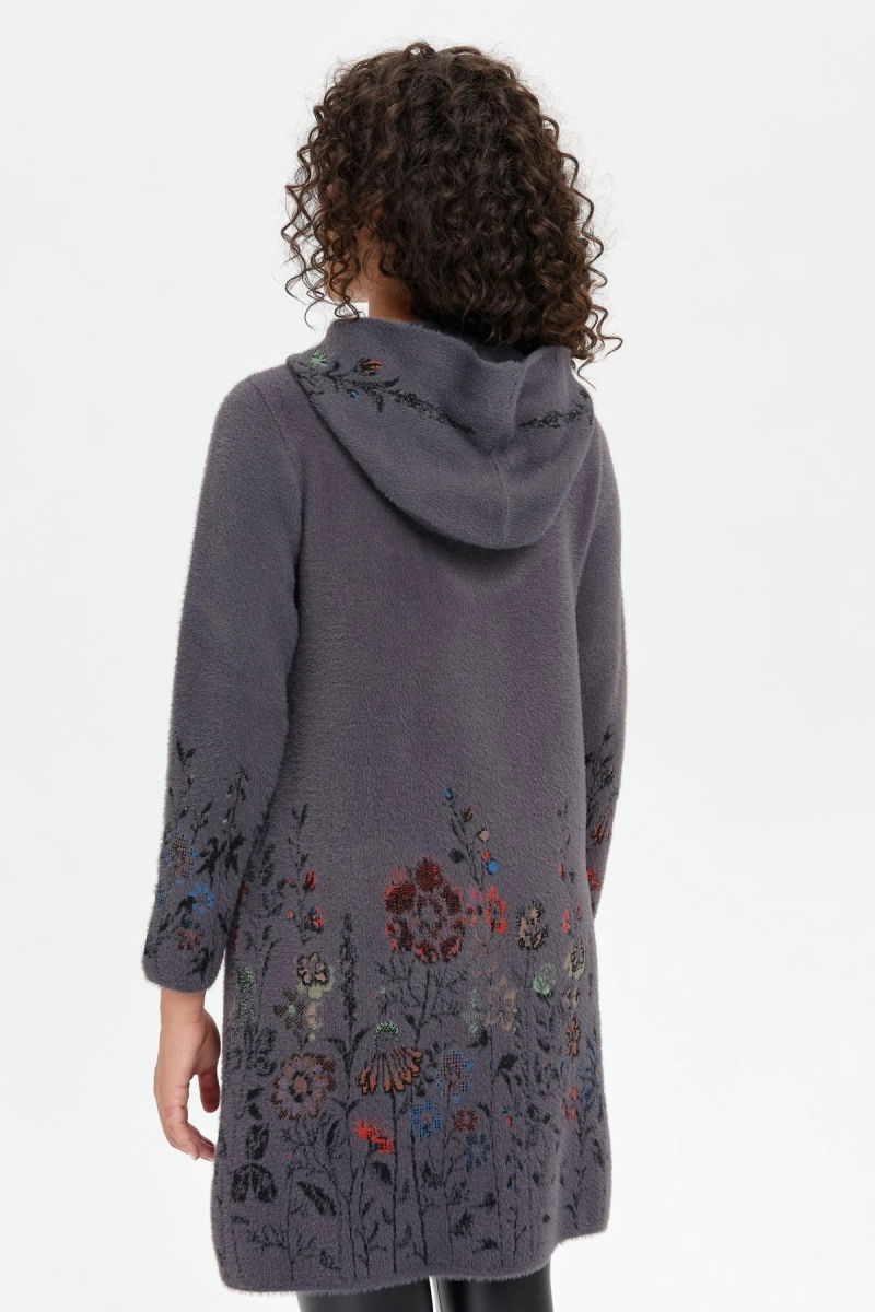 Desen Triko Kadın Kapüşonlu Eteği ve Kolu Kır Çiçeği Desenli Uzun Kaban 24007 Antrasit - 5