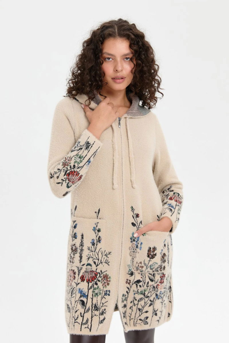 Desen Triko Kadın Kapüşonlu Eteği ve Kolu Kır Çiçeği Desenli Uzun Kaban 24007 Bej - 2