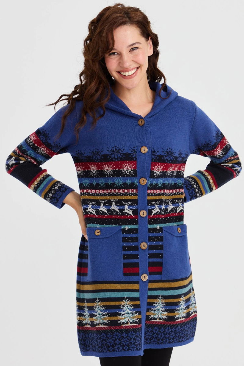 Desen Triko Kadın Kapüşonlu Kar ve Geyik Desenli Uzun Yün Kaban 23012 Koyu Lacivert - Desen Triko