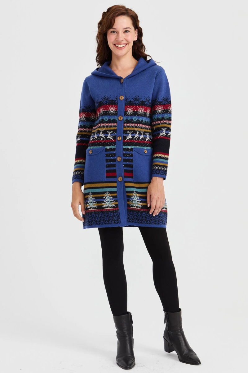 Desen Triko Kadın Kapüşonlu Kar ve Geyik Desenli Uzun Yün Kaban 23012 Koyu Lacivert - 2