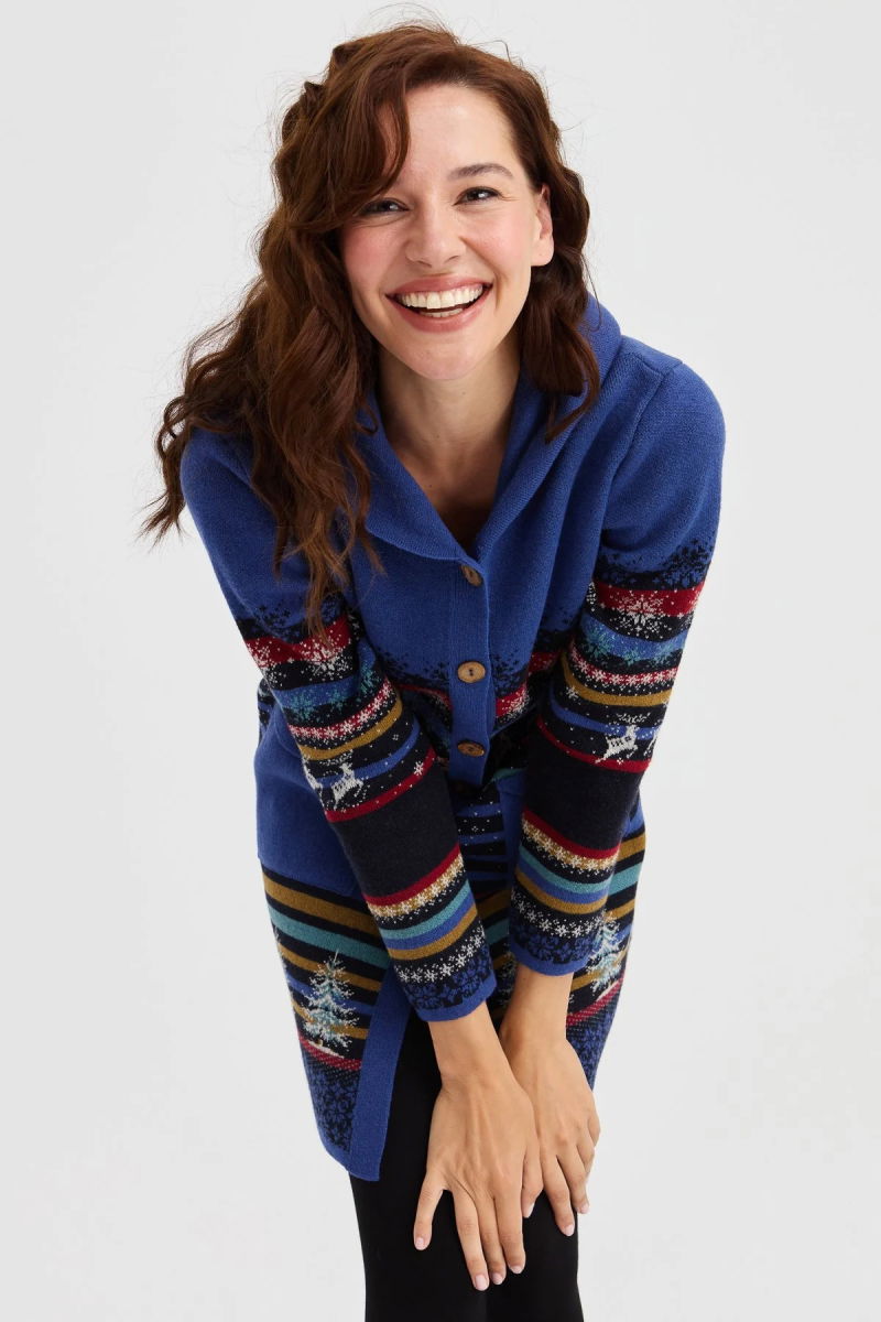 Desen Triko Kadın Kapüşonlu Kar ve Geyik Desenli Uzun Yün Kaban 23012 Koyu Lacivert - 3