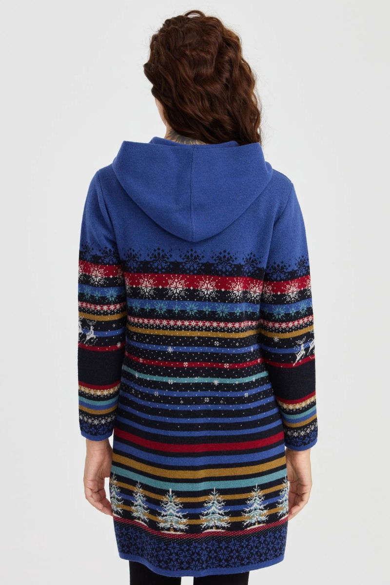 Desen Triko Kadın Kapüşonlu Kar ve Geyik Desenli Uzun Yün Kaban 23012 Koyu Lacivert - 4