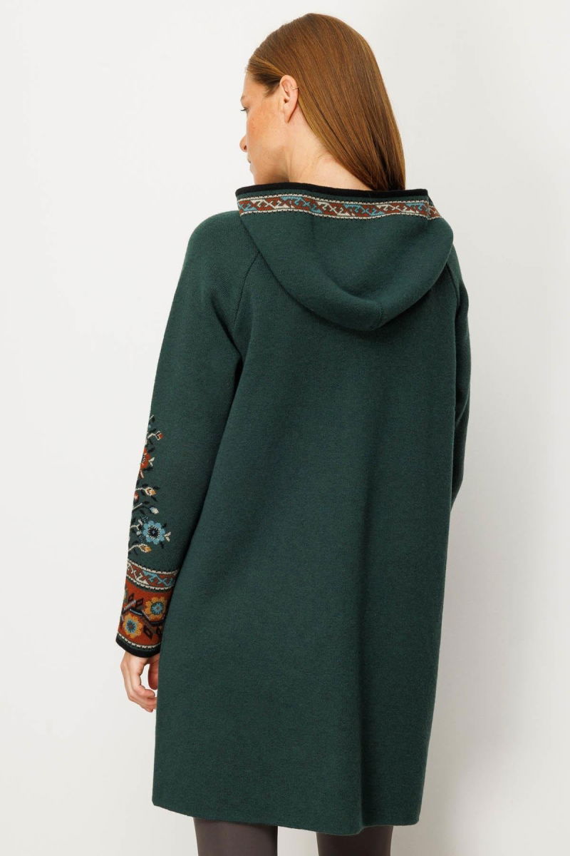 Desen Triko Kadın Kapüşonlu Kilim Jakarlı Püsküllü Yün Kaban 25056 Yeşil - 4