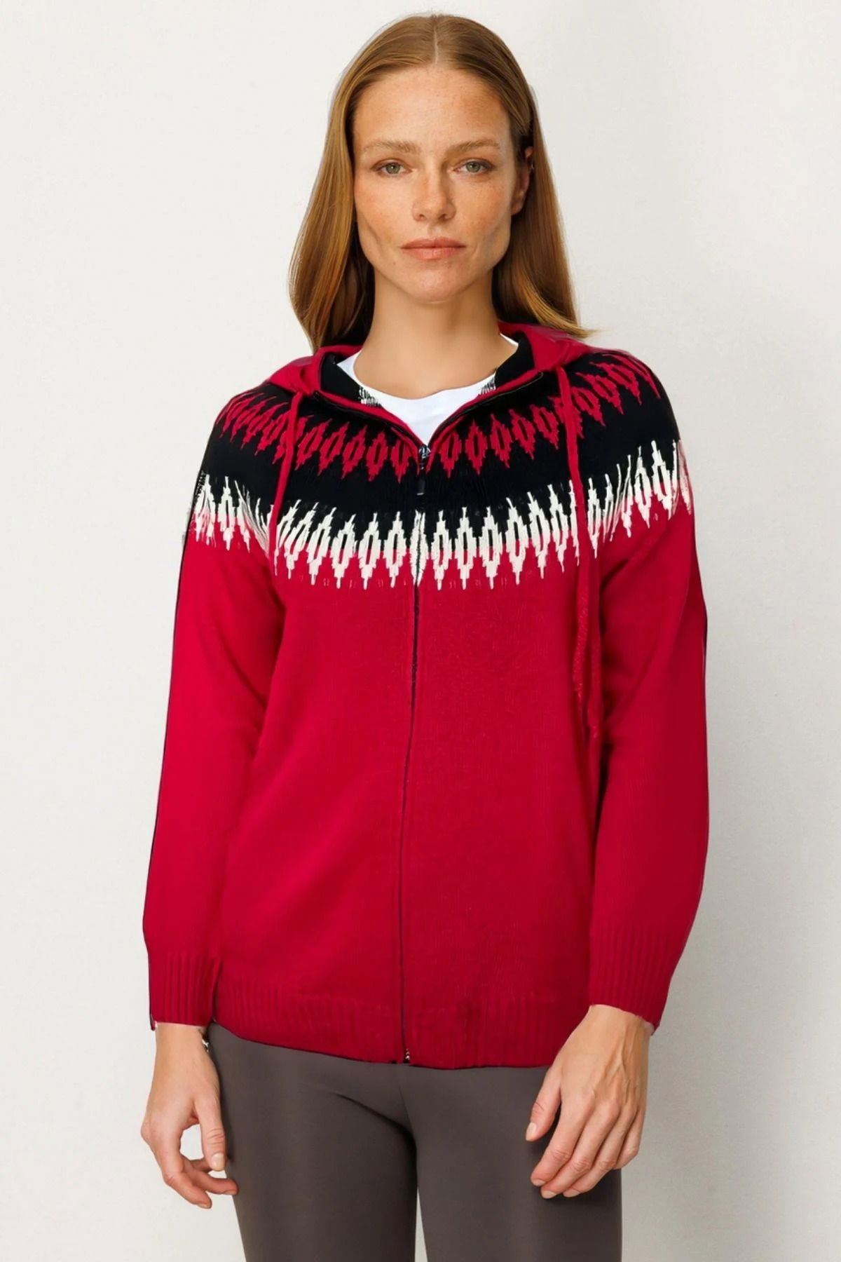 Desen Triko Kadın Kapüşonlu Robası Baklavalı Hırka 25230 K.Kırmızı - 1