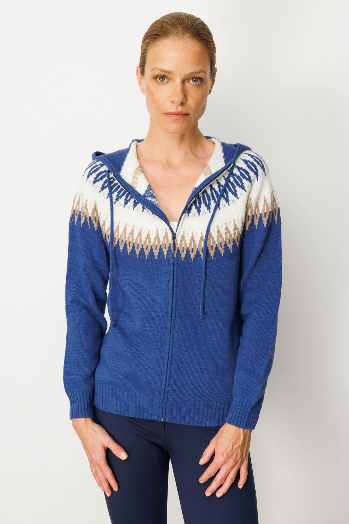 Desen Triko Kadın Kapüşonlu Robası Baklavalı Hırka 25230 Mavi - 1