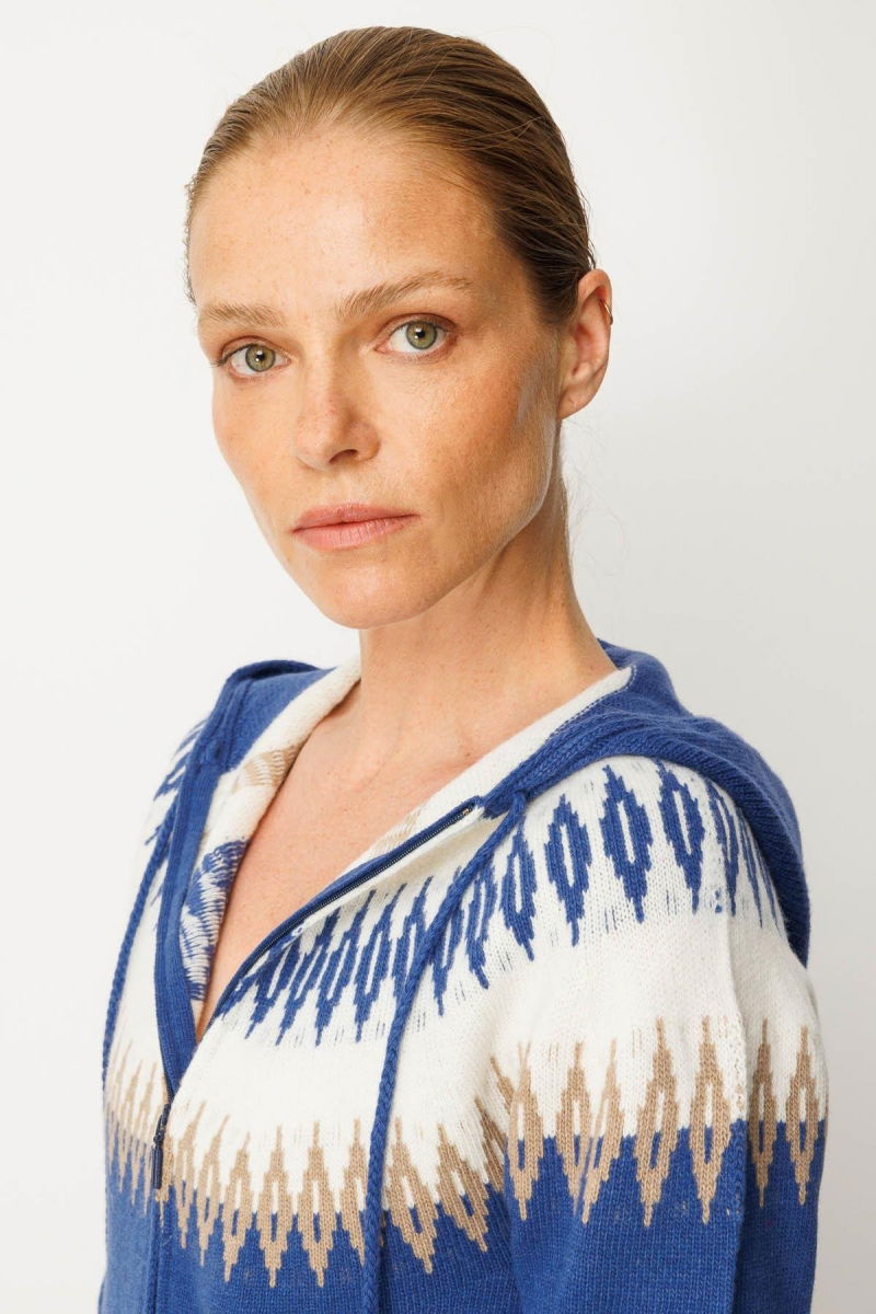 Desen Triko Kadın Kapüşonlu Robası Baklavalı Hırka 25230 Mavi - 3