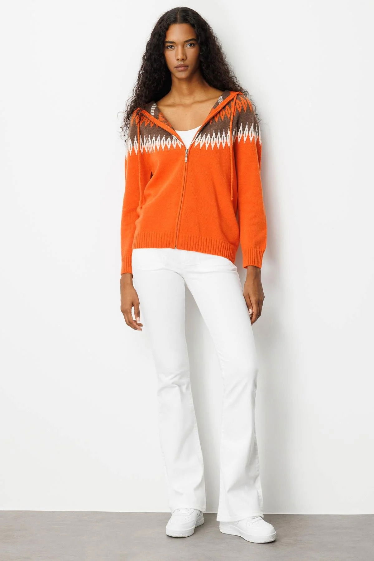 Desen Triko Kadın Kapüşonlu Robası Baklavalı Hırka 25230 Portakal - 2