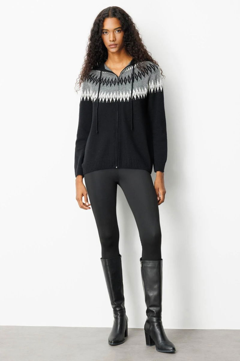 Desen Triko Kadın Kapüşonlu Robası Baklavalı Hırka 25230 Siyah - 3