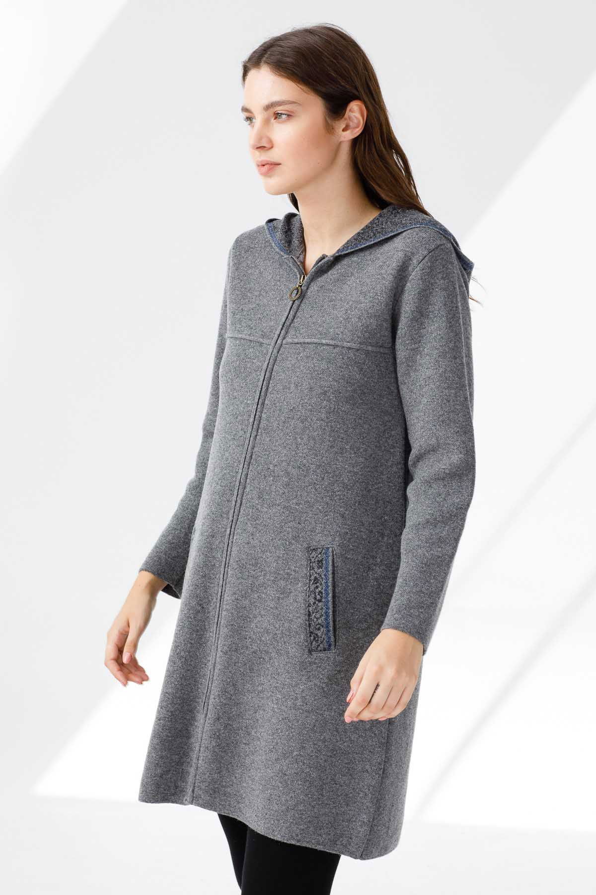 Desen Triko Kadın Kapüşonlu Yün Kaban 21156 Füme - 2