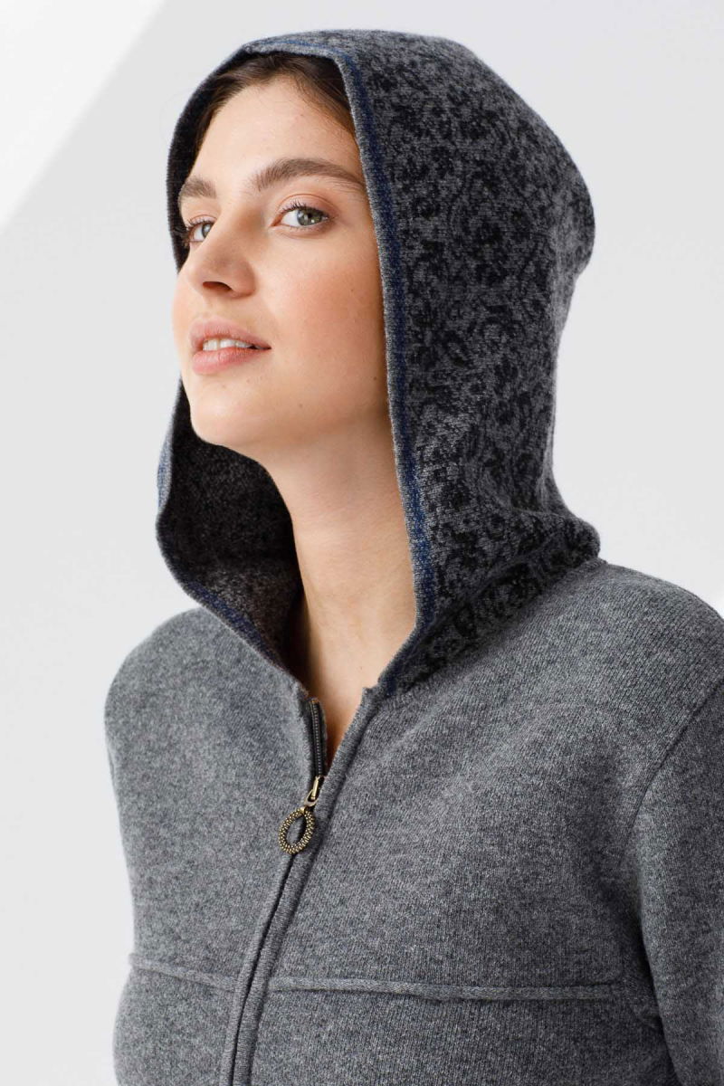 Desen Triko Kadın Kapüşonlu Yün Kaban 21156 Füme - 3